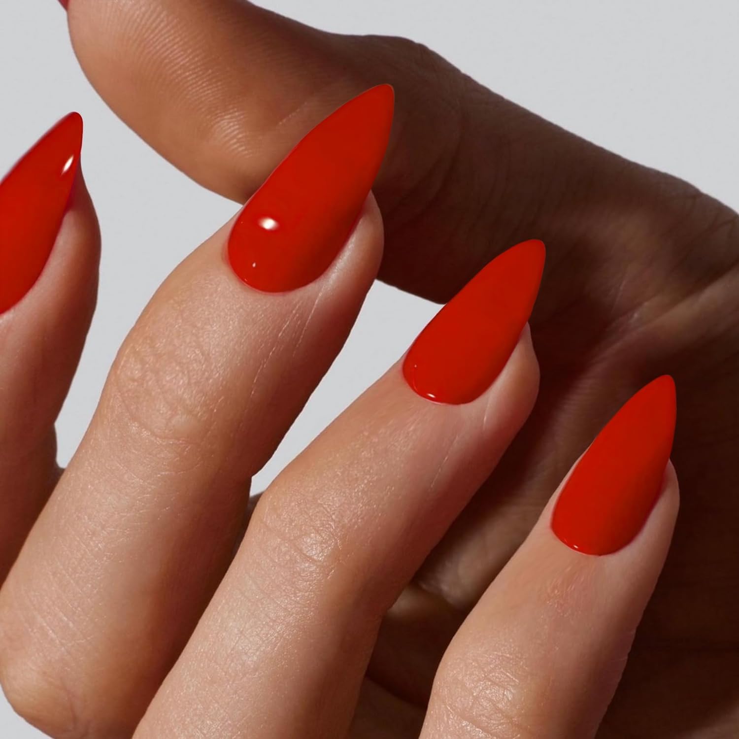 Orange Red Press on Nails - Almond Shaped Fake Nails 24Pcs | Medium Length Acrylic Nails with Glue | Thick Natural Gel Stiletto Nails for Women | Perfect for Parties, Weddings & Everyday Wear