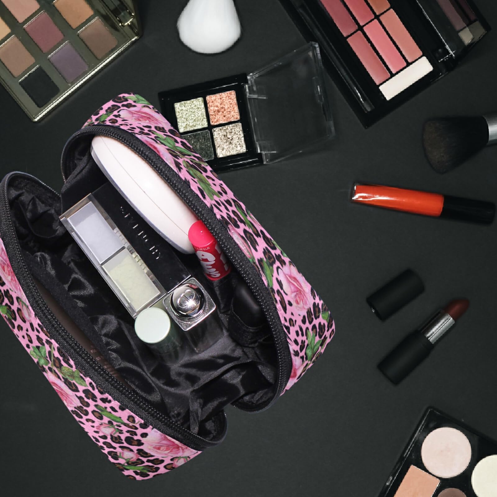 MNSRUU Small Cosmetic Bag for Women & Girls - Pink Leopard Print with Roses Design, Travel Makeup Toiletry Organizer Bag with Multiple Compartments | Perfect for Travel, Gym, Daily Use & Gift Giving