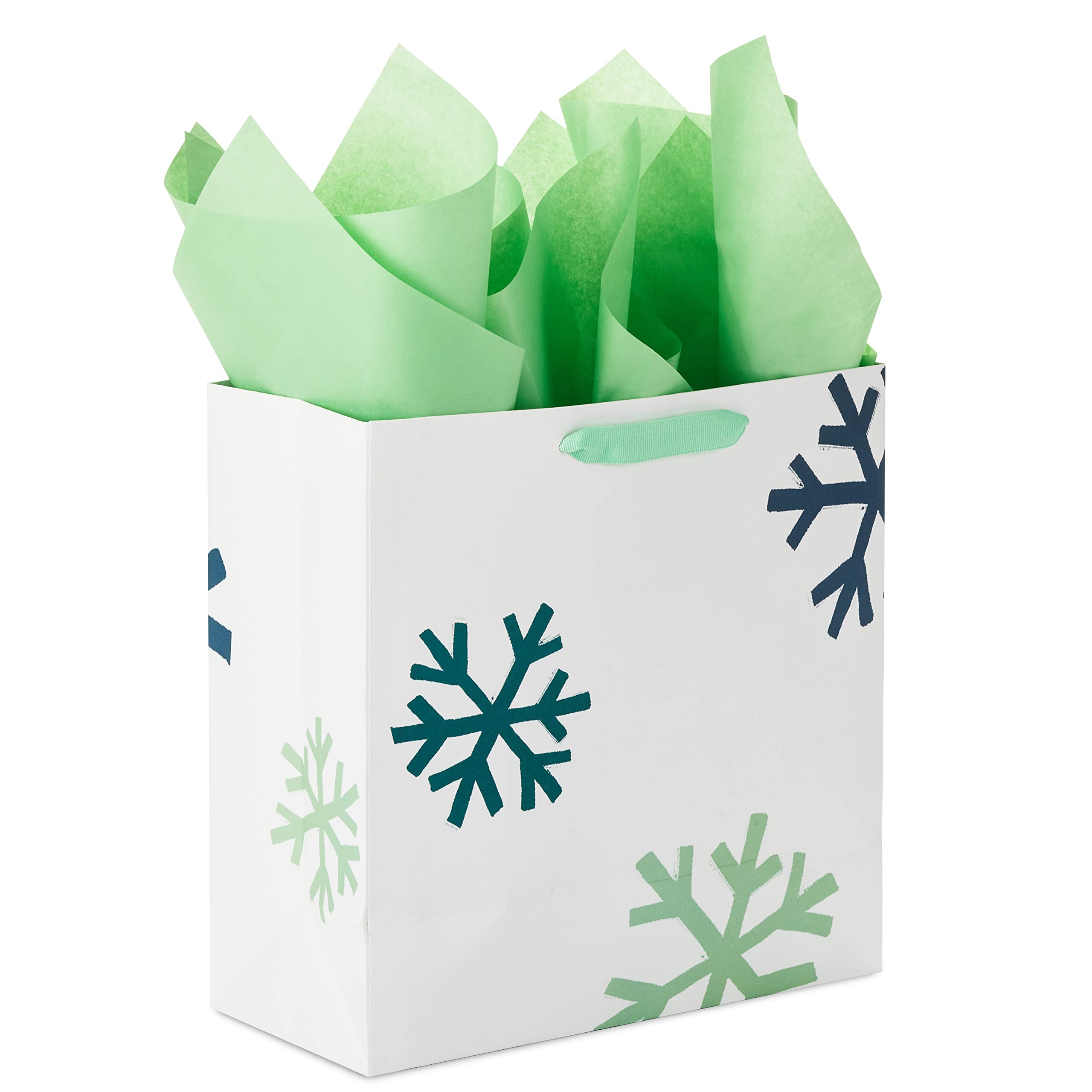 Hallmark Signature 10 Inch Square Holiday Gift Bags with Tissue Paper - Navy Blue, Mint Green & Gold Snowflakes Design for Christmas, Hanukkah, Winter Weddings, Graduation & Birthday Presents - Perfect for Party Favors, Corporate Gifts & Special Occasions