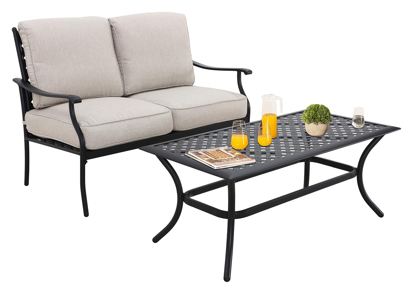 Outdoor Patio Loveseat Set with Coffee Table - 2-Piece White Wicker Conversation Sofa for Porch, Balcony, Backyard & Deck - Weather-Resistant Furniture with Soft Cushions & Metal Side Table (Perfect for Relaxing, Entertaining & Outdoor Lounging)