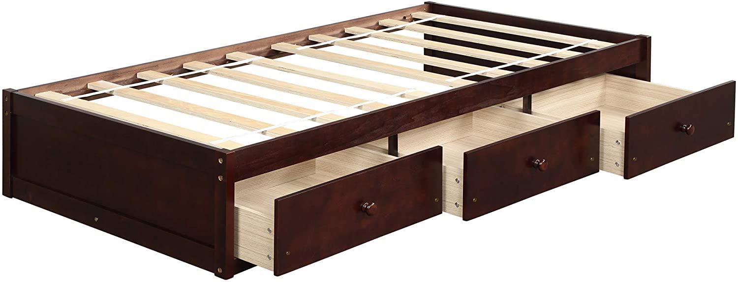 Harper & Bright Designs Twin Bed with Storage - Wood Platform Bed Frame with 3 Drawers, Kids Bed with Wood Slat Support (No Box Spring Needed) - Cherry Finish - Perfect for Small Bedrooms, Guest Rooms & Kids' Rooms