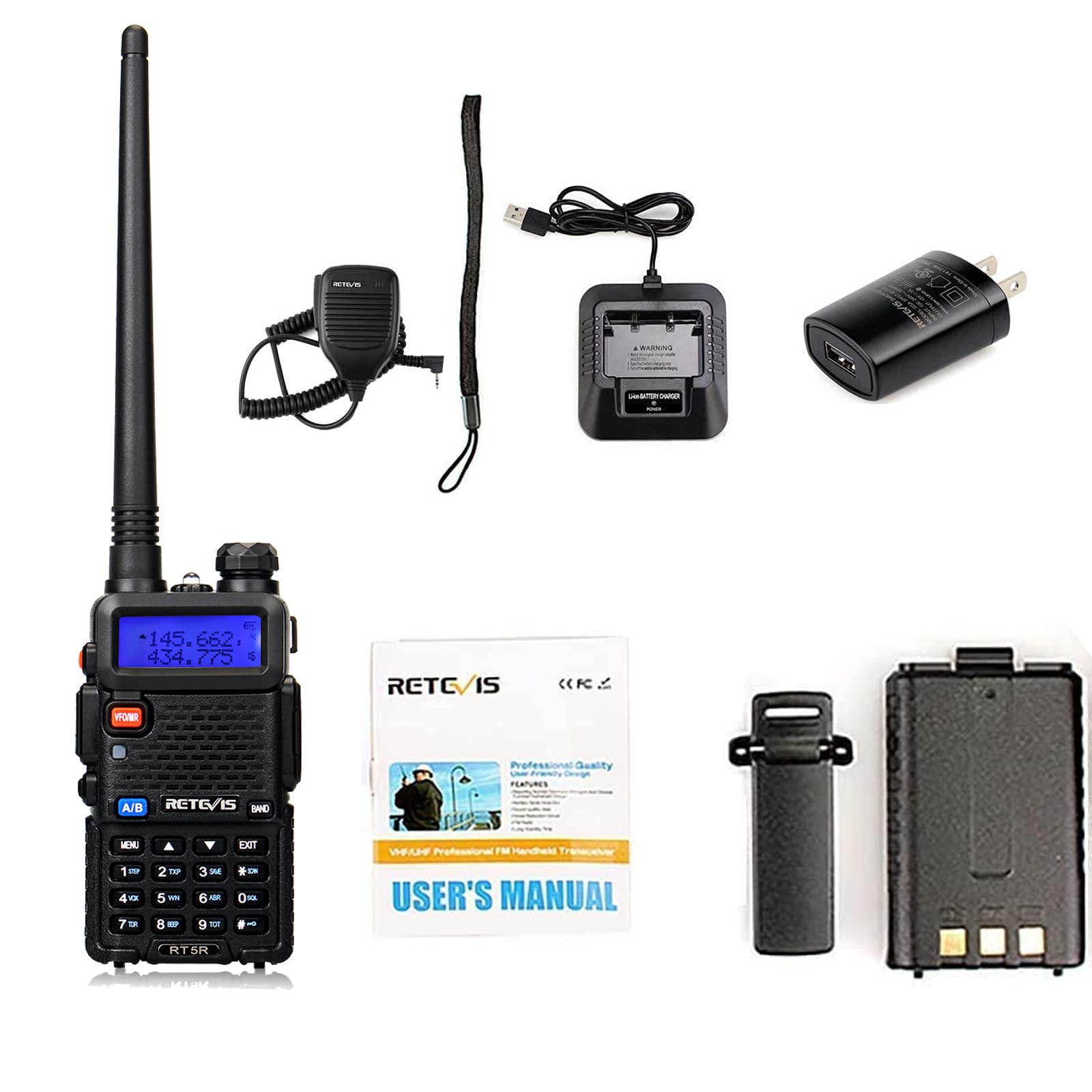 Retevis RT-5R Dual Band Two Way Radio Walkie Talkies for Adults - 4 Pack with Speaker Mic, 1400mAh Rechargeable Battery, Flashlight & SOS Alarm - Ideal for Outdoor Adventures, Hiking, Camping and Emergency Communication