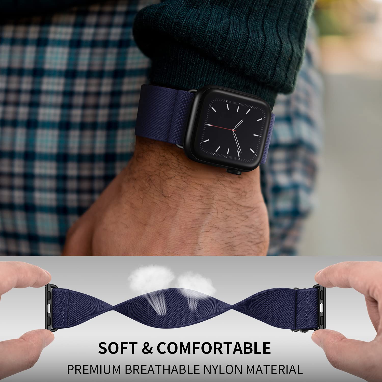 OXWALLEN Metal Connector Stretch Nylon Solo Loop Band for Apple Watch Series 9/8/7/6/5/4/3 SE Ultra 2/1 (49mm/45mm/44mm/42mm) - Adjustable Elastic Strap with Stainless Steel Adapter in Midnight Blue | Perfect for Workouts, Running & Everyday Wear