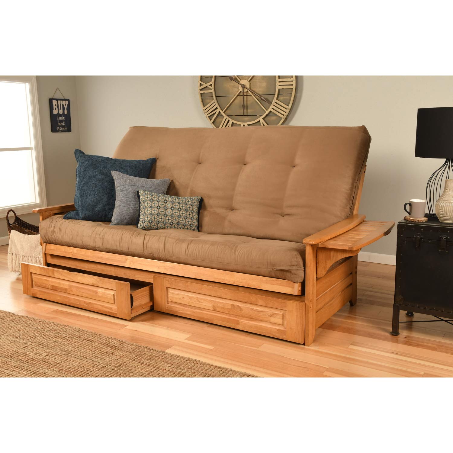 Kodiak Furniture Phoenix Futon with Suede Peat Fabric Mattress in Tan/Butternut - Convertible Sofa Bed for Small Spaces, Guest Room & Apartment Living