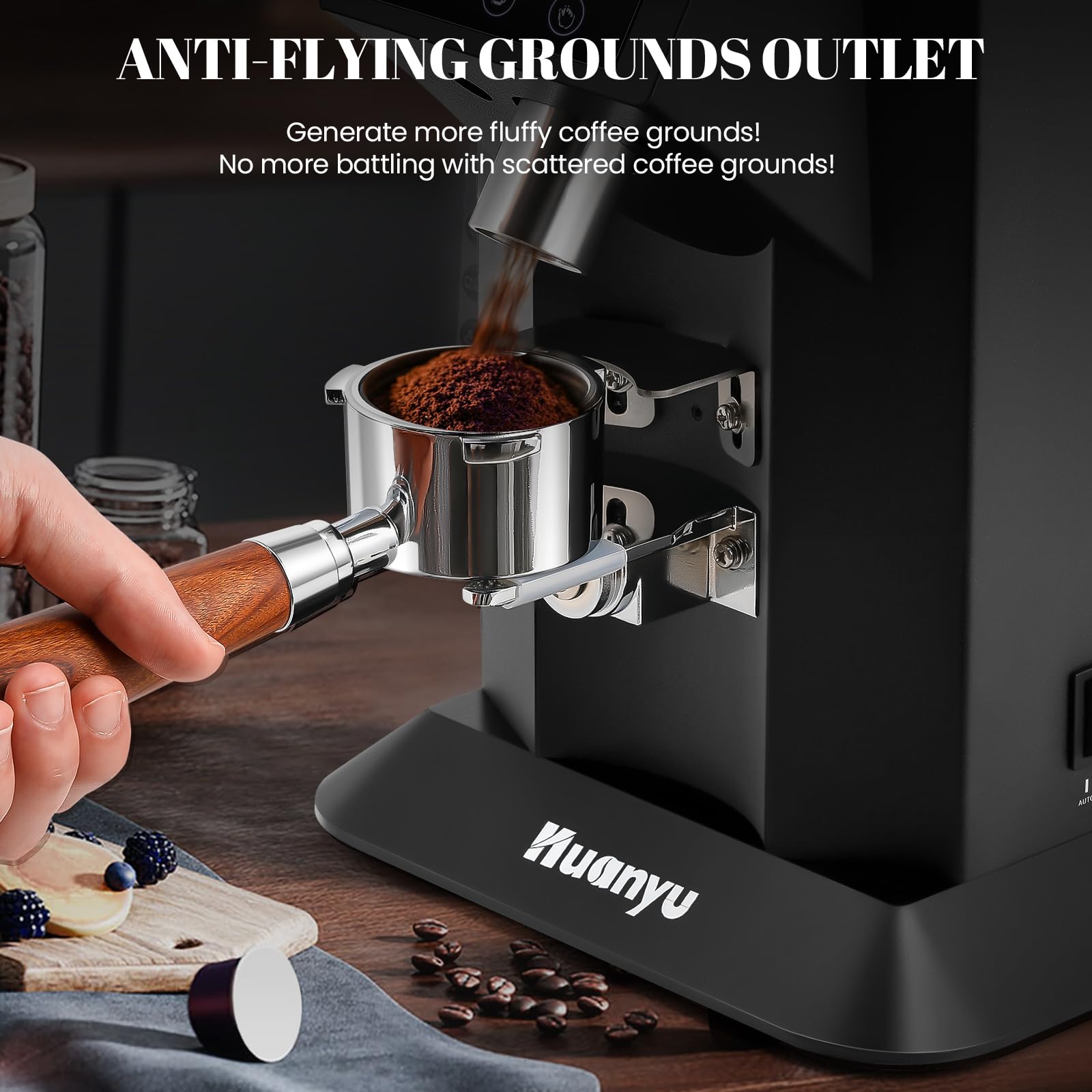 Huanyu Professional Electric Coffee Grinder - 74mm Flat Burr, 53oz Bean Hopper, 15 Infinite Grinding Settings, Touch Screen Display (Black) - Perfect for Espresso, French Press & Pour Over Coffee Brewing at Home or Cafe