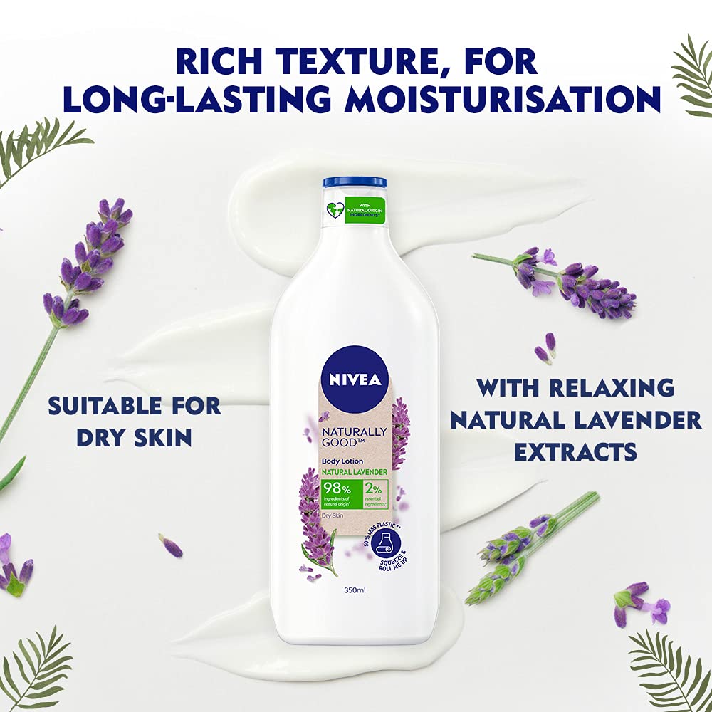 Nivea Naturally Good Natural Lavender Body Lotion for Dry Skin - 98% Natural Origin Ingredients, Paraben Free, 350ml - Hydrating Moisturizer for Daily Skincare Routine & Relaxing Nighttime Use