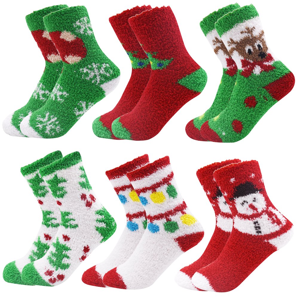 October Elf 6 Pairs Christmas Holiday Socks for Adults - Warm Winter Cozy Fuzzy Socks with Anti-Slip Bottom (Plus Size Available) - Perfect for Gifts, Parties & Cold Weather Comfort