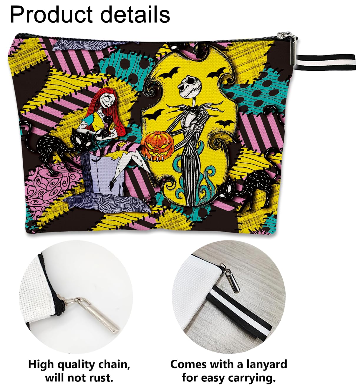 Nightmare Before Christmas Makeup Bag - Jack and Sally Themed Cosmetic Pouch for Women, Waterproof Travel Toiletry Bag with Zipper | Perfect for Halloween, Cosplay, and Daily Makeup Storage