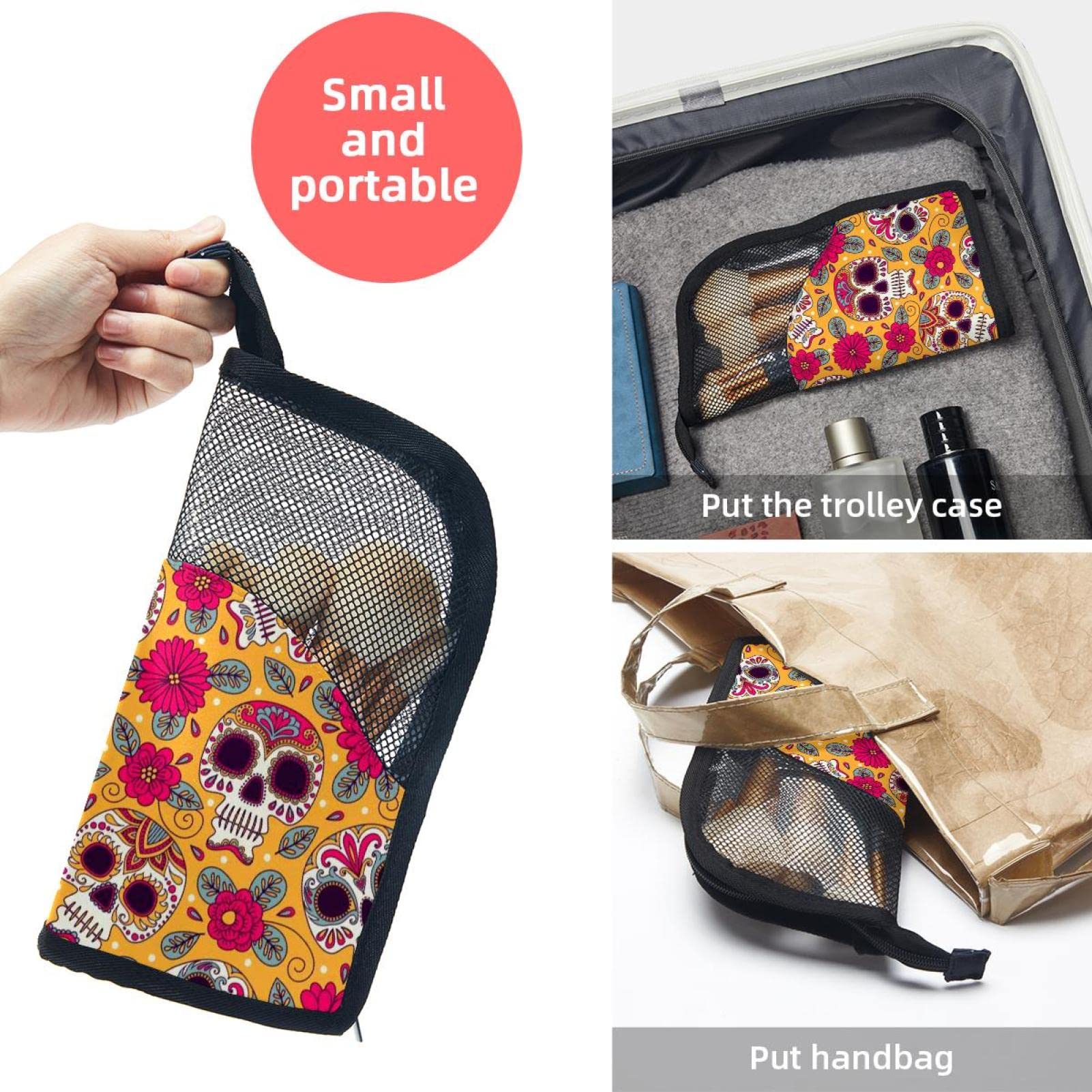 Portable Makeup Brush Organizer Bag with 12 Slots - Mexican Style Floral Skull Design - Perfect for Travel & Home Vanity Storage