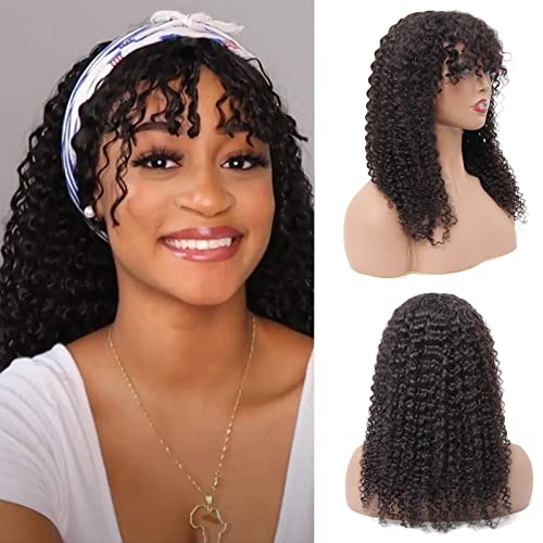 ISEE Afro Kinky Curly Human Hair Wigs with Bangs - 16 Inch Brazilian Virgin Hair 180% Density - Glueless Non Lace Front Wigs for Black Women - Natural Color - Perfect for Daily Wear, Cosplay & Special Occasions