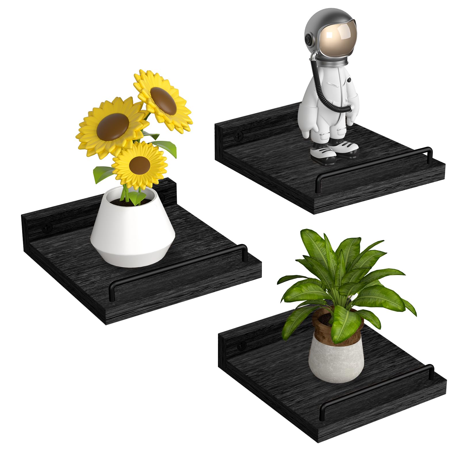 6 x 6 Inch Small Floating Shelf Set of 3 - Rustic Farmhouse Wall Shelves for Living Room, Bedroom, Kitchen - Perfect for Picture Frames, Plants, Decor & Storage - Black Wall Mounted Shelves for Home Organization