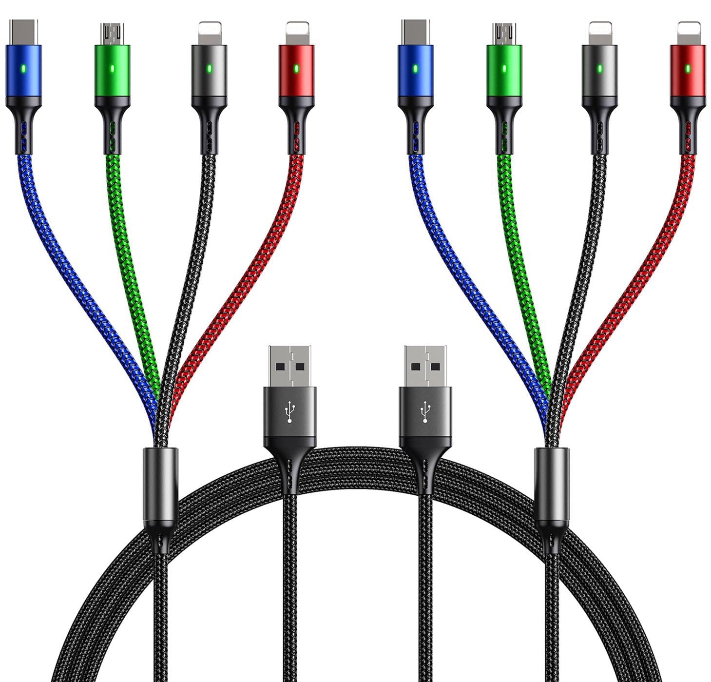 10ft 2-Pack Fast Charging Braided 4-in-1 USB Cable - Multi Charger with Lightning/Type C/Micro USB Ports for iPhone 16/15, Samsung Galaxy, PS5, iPad, Tablets & More - Perfect for Home, Office, Travel & Car Charging