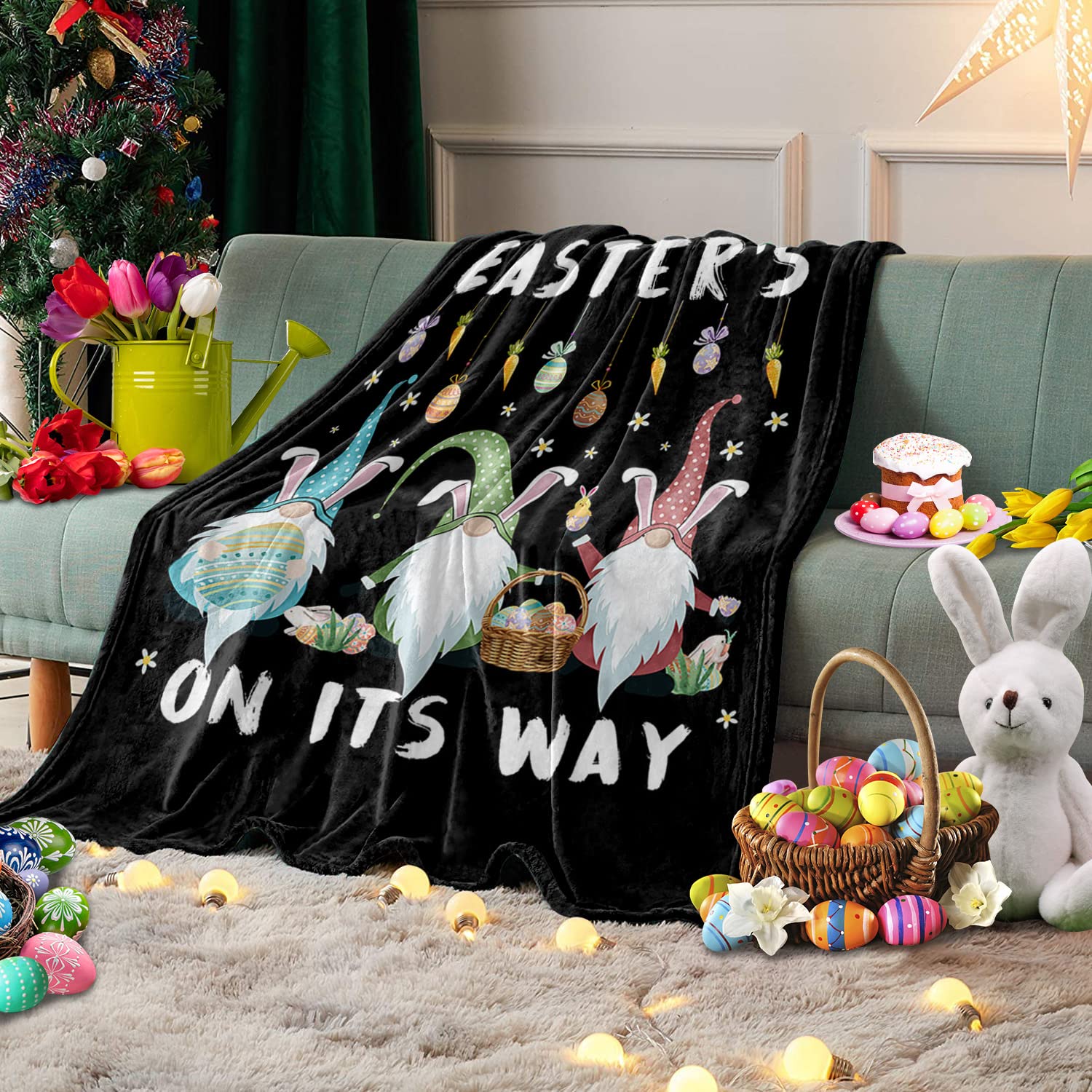 Happy Easter Gnomes & Eggs Carrot Throw Blanket - Soft Fuzzy Microfiber Luxury Bed Cover for Couch, Sofa, Chair - Perfect for Travel, Camping, Stadium & Home Decor - Black