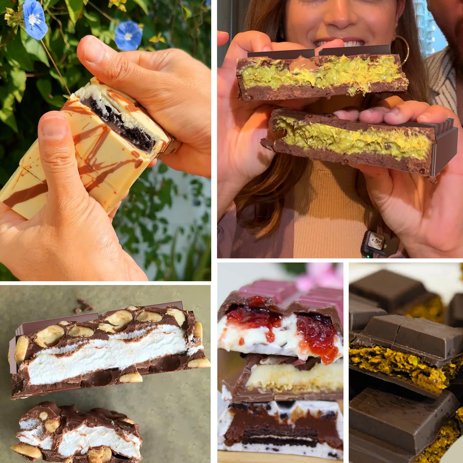 BABORUI 6 Cavity Silicone Chocolate Bar Mold with 100 Bags - Thick Deep Mold for Stuffed Chocolate Bars, Knafeh, Pistachio Filling - Perfect for Homemade Candy, Baking, Gifts & Party Treats (10 Snap)
