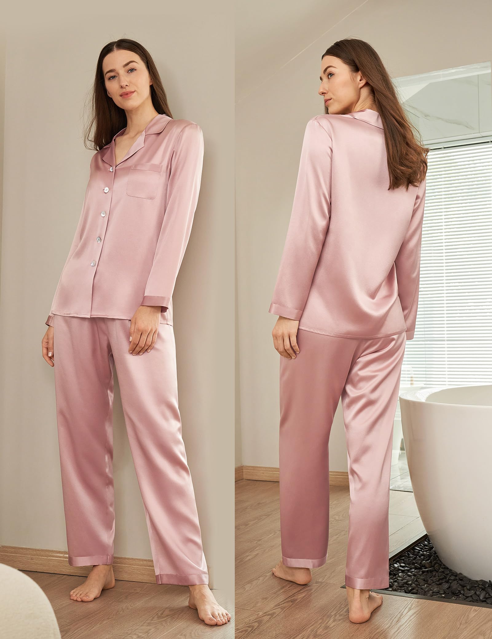 Luxury 100% Mulberry Silk Pajamas for Women - 22 Momme Pure Long Sleeve Full Length Nightwear Set | Soft & Breathable Sleepwear for Comfortable Nights, Lounging & Gifts