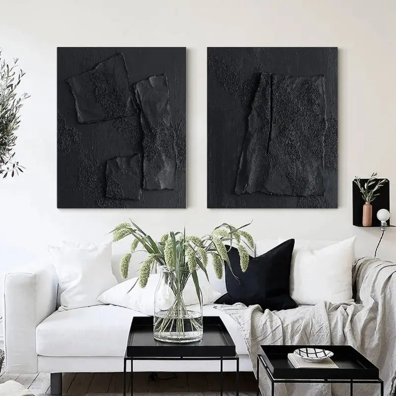 Minimalist Black Plaster Art Textured Paintings - Set of 2 Modern Abstract Wall Decor #MZ026 - Perfect for Living Room, Bedroom & Office Decor