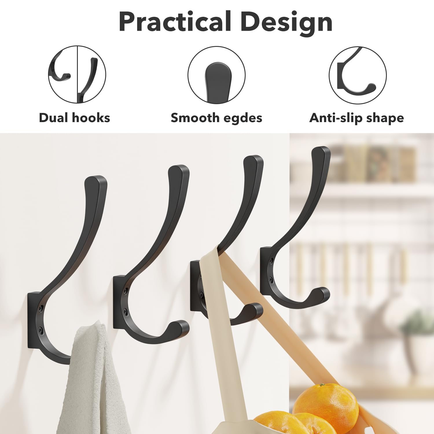 4 Pack Heavy Duty Black Wall Hooks - Large Screw-in Metal Coat Hangers for Coats, Backpacks, Purses & Bags - Durable Wall Mounted Hanging Solution for Entryway, Closet & Mudroom Organization