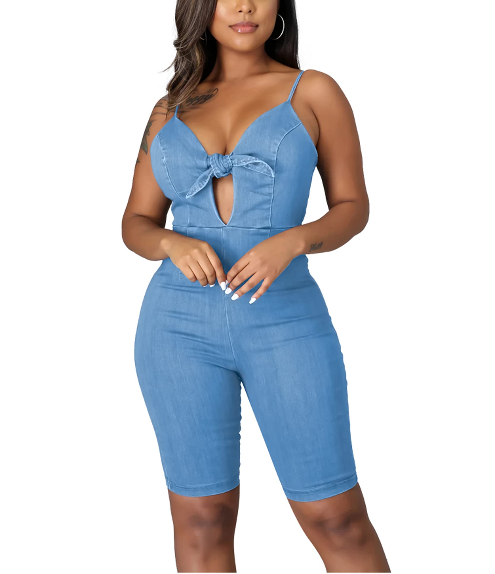 Sexy Denim Short Overalls for Women - Bodycon Romper Shorts with Spaghetti Straps & Bow Backless Design | Perfect for Clubwear, Night Out, and Summer Fashion