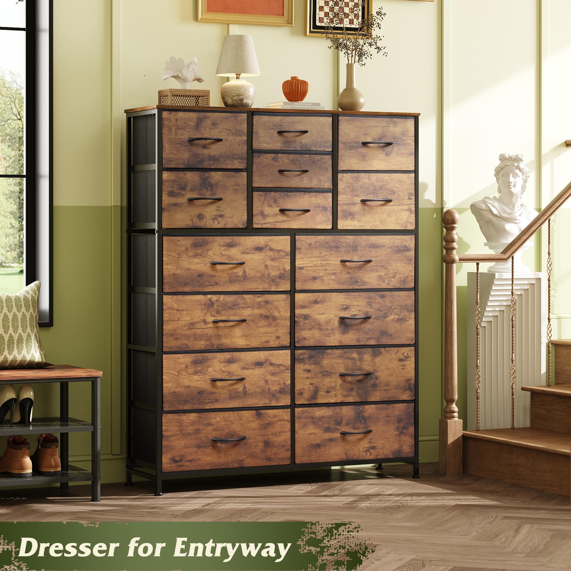 WLIVE Tall Dresser for Bedroom - 15 Deep Drawers Fabric Storage Tower, Wood Grain Print Chest of Drawers Organizer for Closet, Hallway & Entryway | Perfect for Bedroom Storage, Closet Organization & Entryway Decor (Charcoal Black)