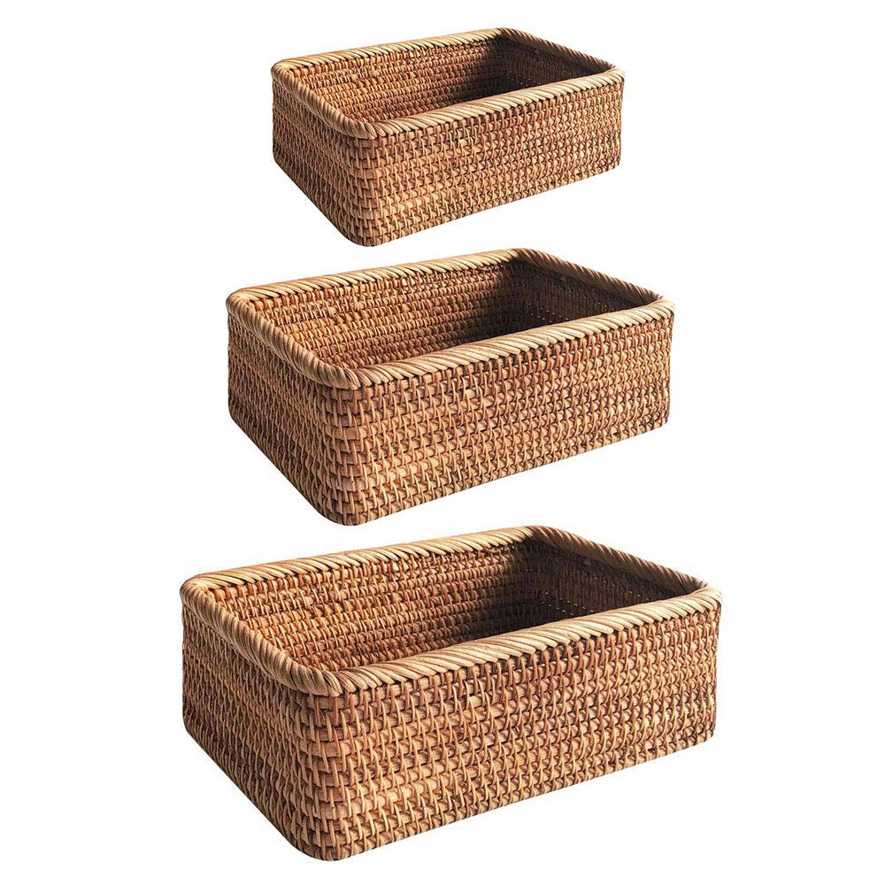 Keebgyy 3-Piece Natural Rattan Storage Baskets Set - Rectangular Woven Fruit Basket Organizer | Stackable Wicker Decor for Bathroom, Living Room, Bedroom & Office | Home Organization & Key Holder Solution