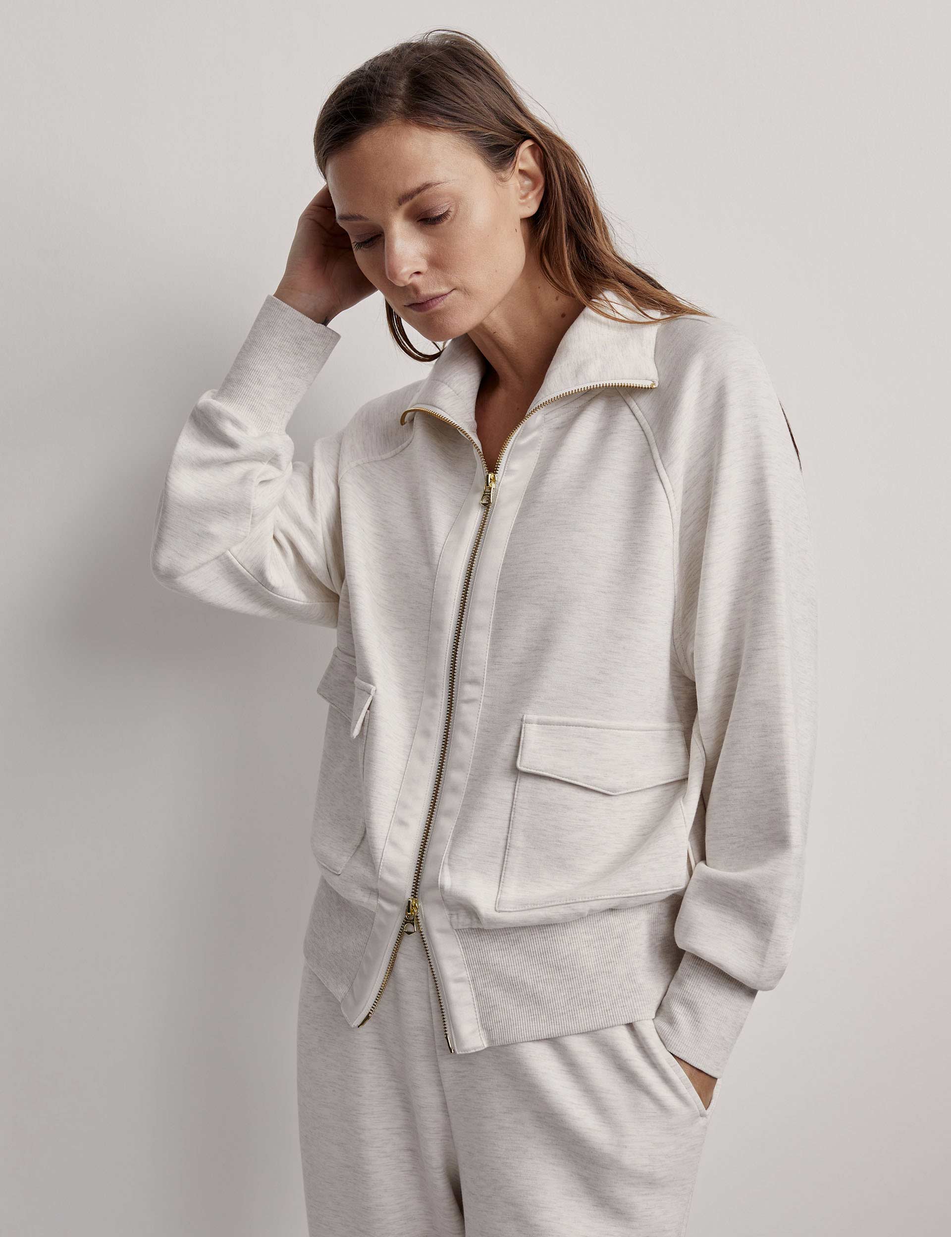 Roxbury Zip Through Sweat Jacket - Ivory Marl | Lightweight Fleece Pullover for Men & Women | Perfect for Running, Hiking & Outdoor Activities