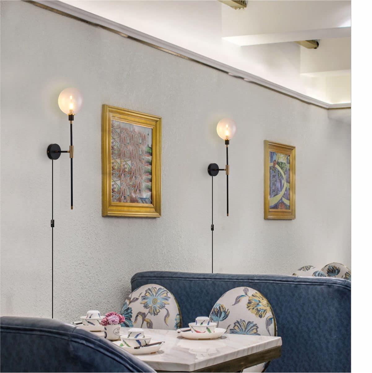 KCO 1-Light Plug in Wall Sconce with On/Off Switch - Black Modern Wall Mounted Light Fixture with Long Arm & Glass Globe Shade - Bedroom, Living Room, Kitchen, Hallway Lighting (Clear, 2-Pack) - Perfect for Ambient Lighting & Home Decor