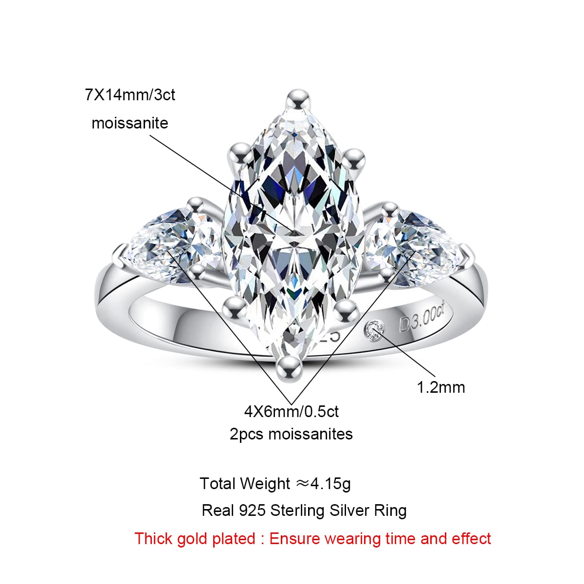 AnuClub 3 Stone Moissanite Engagement Ring - D Color VVS1 Clarity, Round/Emerald/Marquise Cut, 925 Sterling Silver Wedding Promise Ring for Women | Perfect for Proposals, Anniversaries & Special Occasions