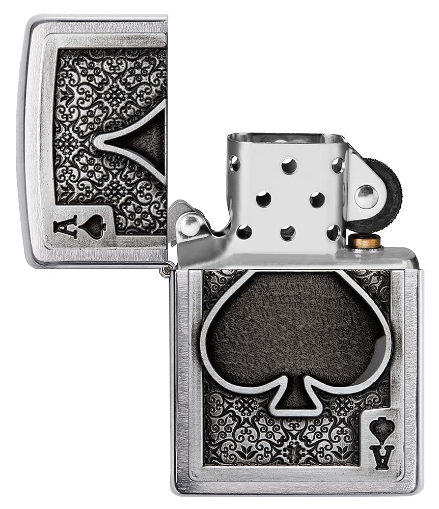 Zippo Ace of Spades Emblem Brushed Chrome Windproof Pocket Lighter - Perfect for Camping, Hiking & Outdoor Adventures