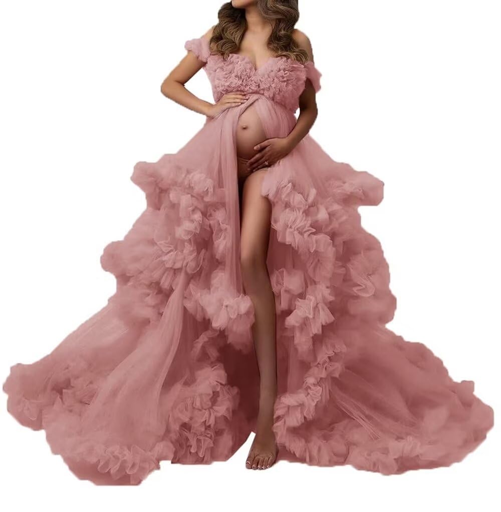 Elegant Long Puffy Maternity Dress with Tulle Robe - V-Neck Baby Shower & Wedding Gown for Pregnancy Photoshoots | Perfect for Maternity Photos, Bridal Showers, and Special Occasions