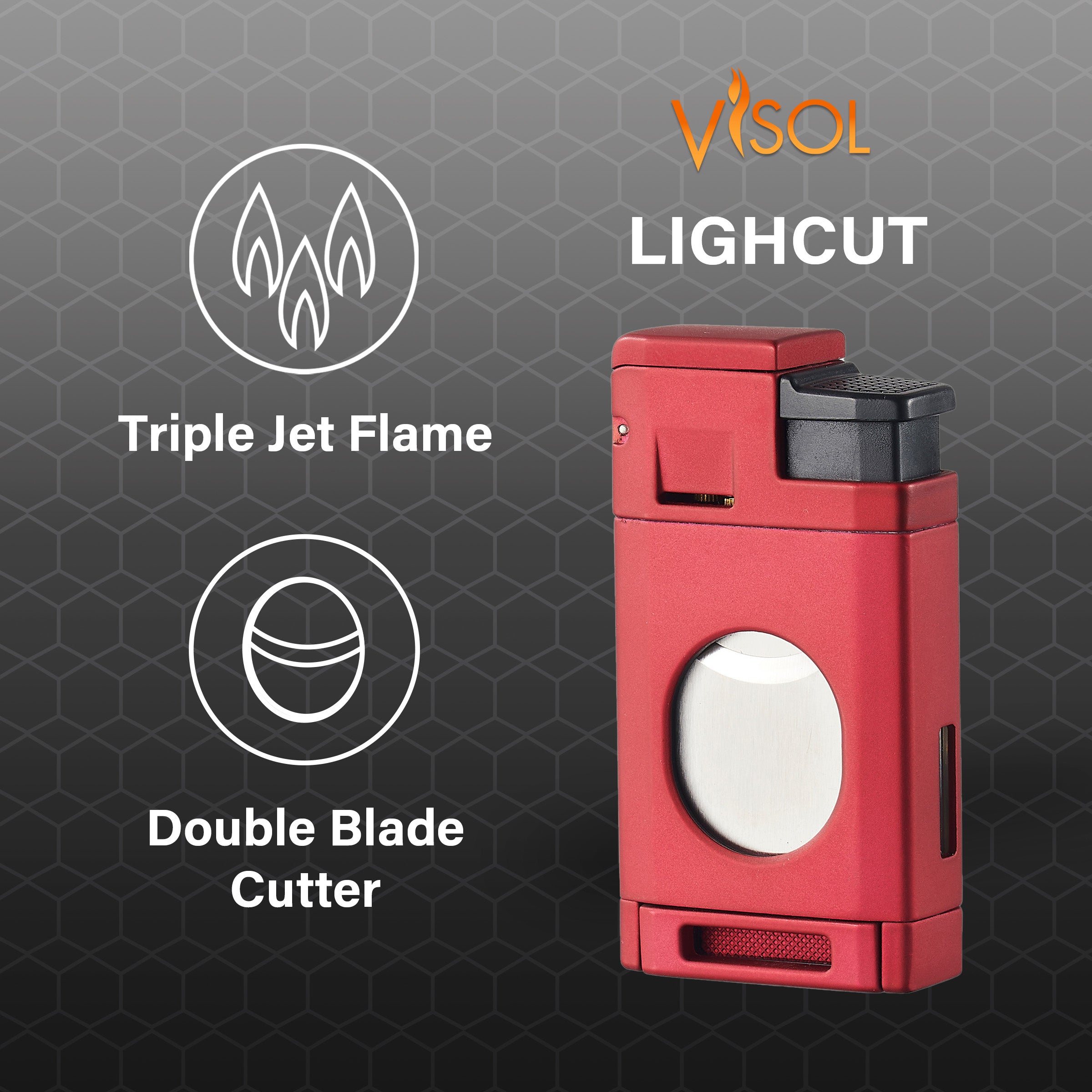 Visol LighCut Red Triple Torch Flame Lighter & Cigar Cutter - Premium Windproof Butane Lighter for Cigars, Cigarettes & Outdoor Use (Camping, BBQ, Hiking)
