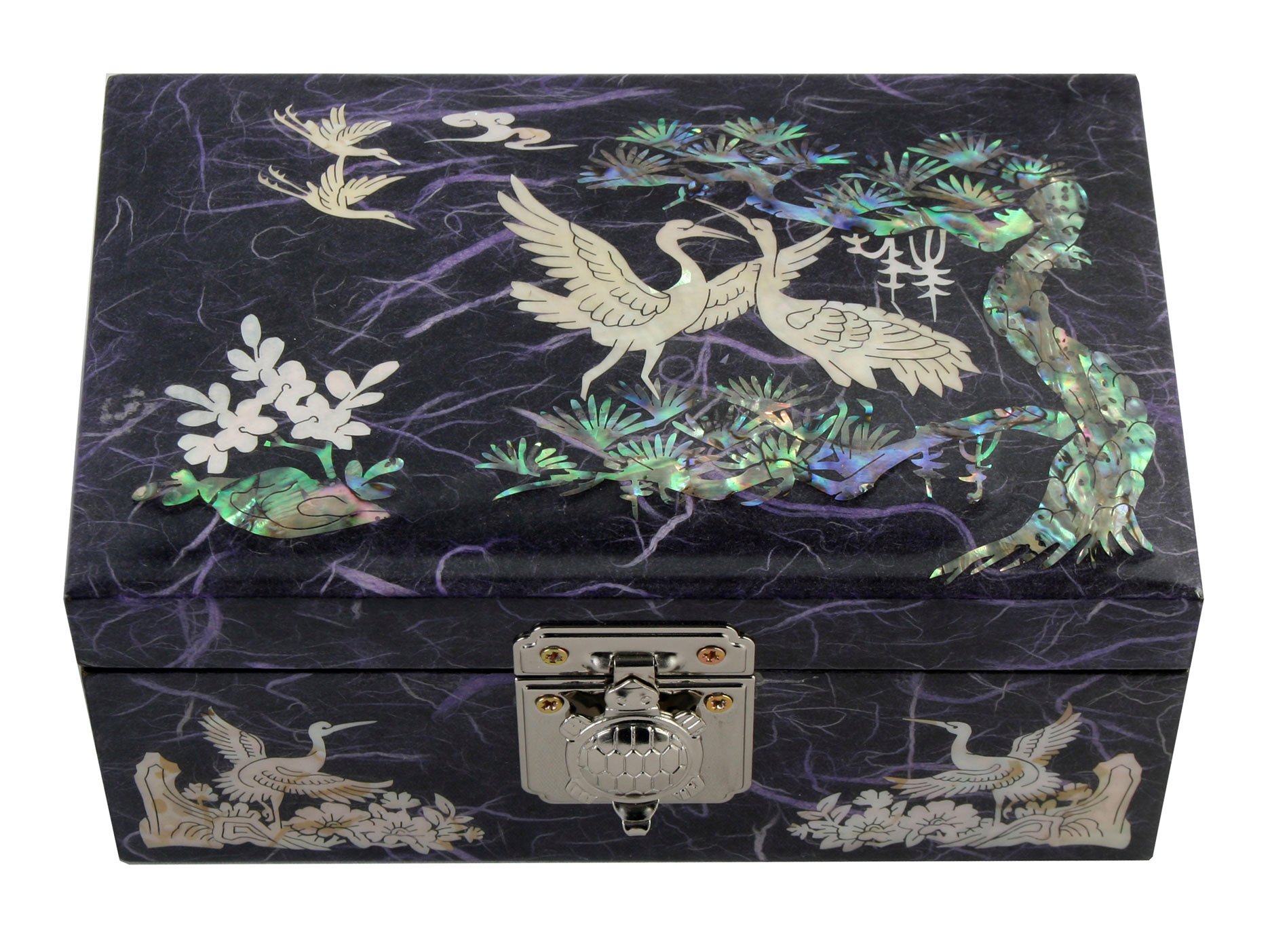 Antique Mother of Pearl Inlaid Wooden Jewelry Box - Handcrafted Treasure Chest Organizer for Rings, Necklaces & Keepsakes (Crane Pine Purple) | Perfect for Gift Giving, Wedding Jewelry Storage & Home Decor