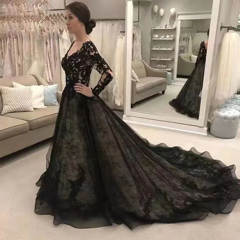 Elegant Gothic Black Princess Wedding Dress with Long Lace Sleeves - Perfect for Dark Romance Brides, Halloween Weddings & Victorian-Themed Ceremonies