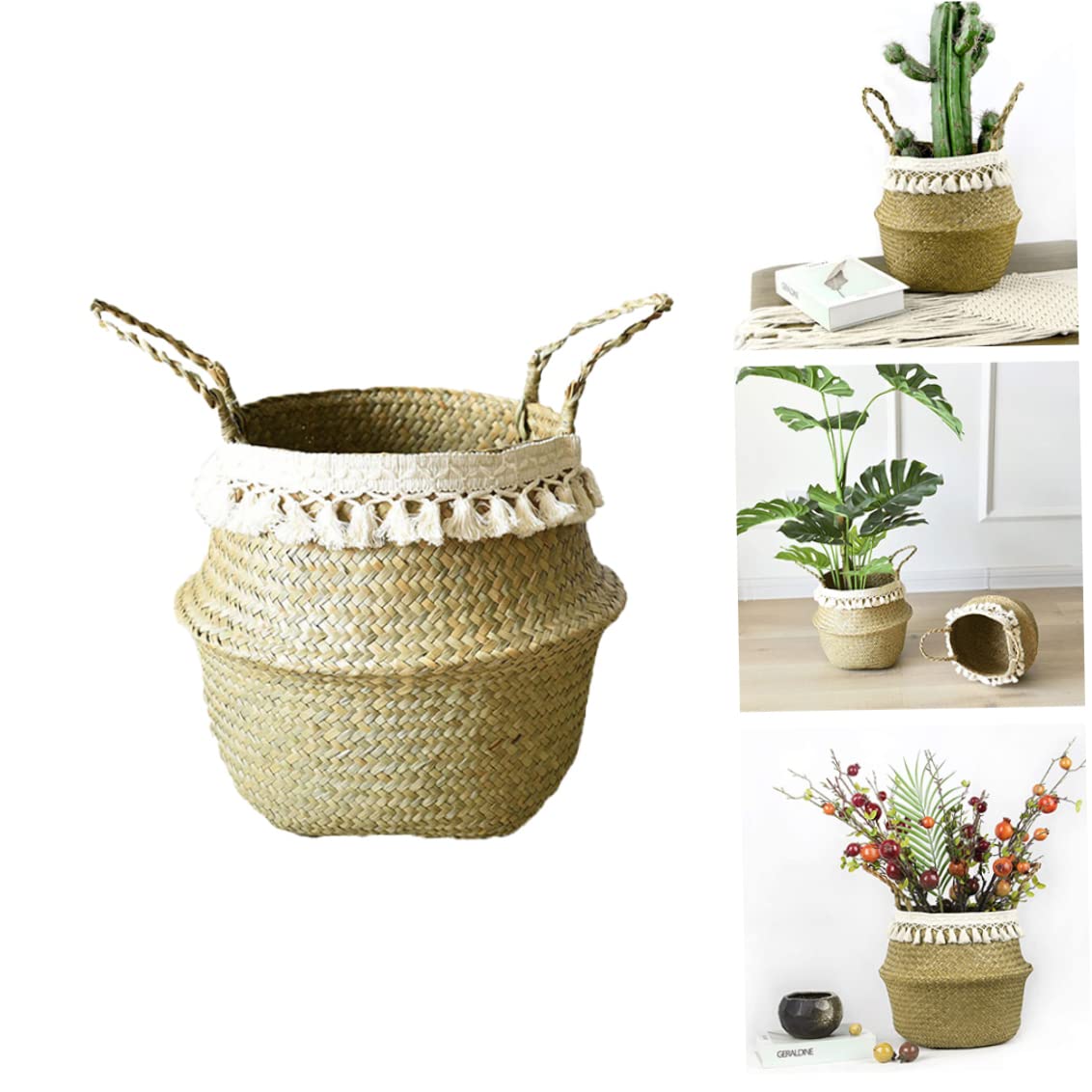 Natural Seagrass Woven Basket with Handles - Foldable Plant Pot, Home Decor Storage Organizer for Laundry, Flowers & Organizing | Stylish White Tassel Accent | Perfect for Boho Home Decor, Bathroom Storage & Nursery Organization
