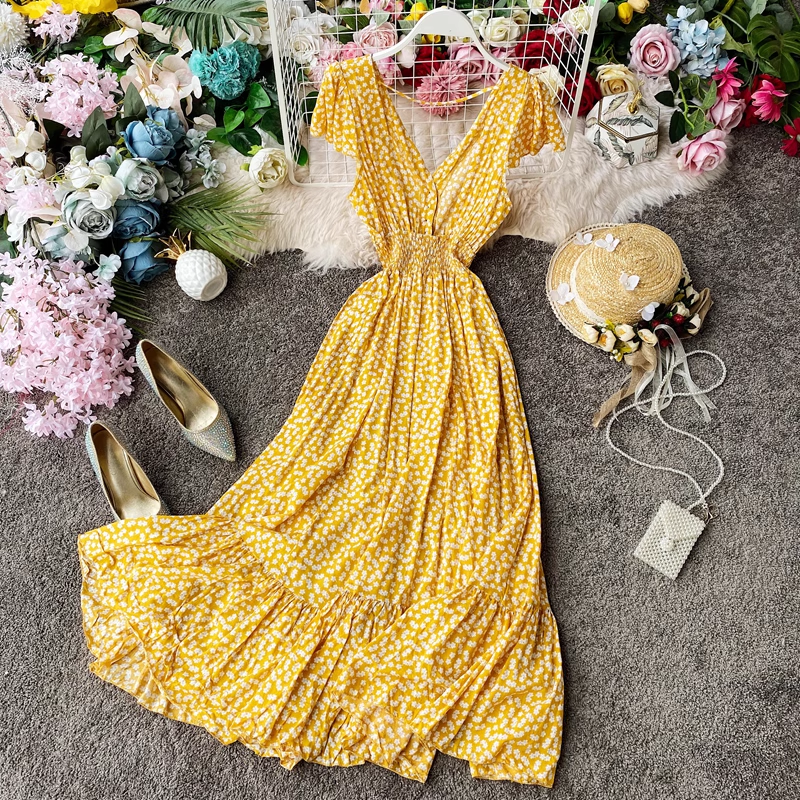 Elegant Fairy Floral Print Maxi Dress with Open Back & Pleated Skirt - Perfect for Summer Weddings, Beach Vacations & Boho Fashion
