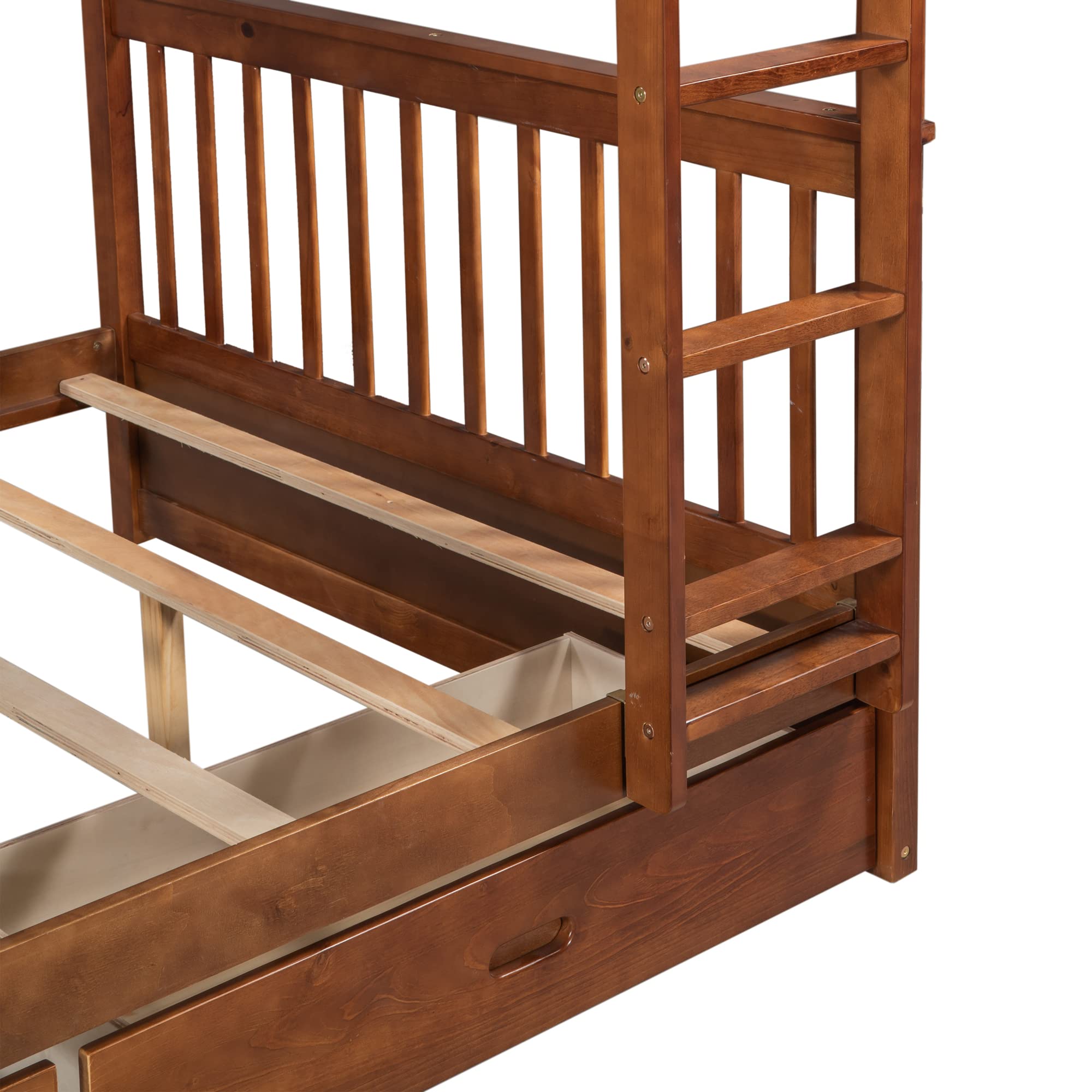 Rhomtree Full-Over-Full Wooden Bunk Bed with Ladder, 2 Storage Drawers & Safety Guardrail - No Box Spring Required (Walnut Finish) - Perfect for Kids' Bedrooms, Guest Rooms & Space-Saving Solutions