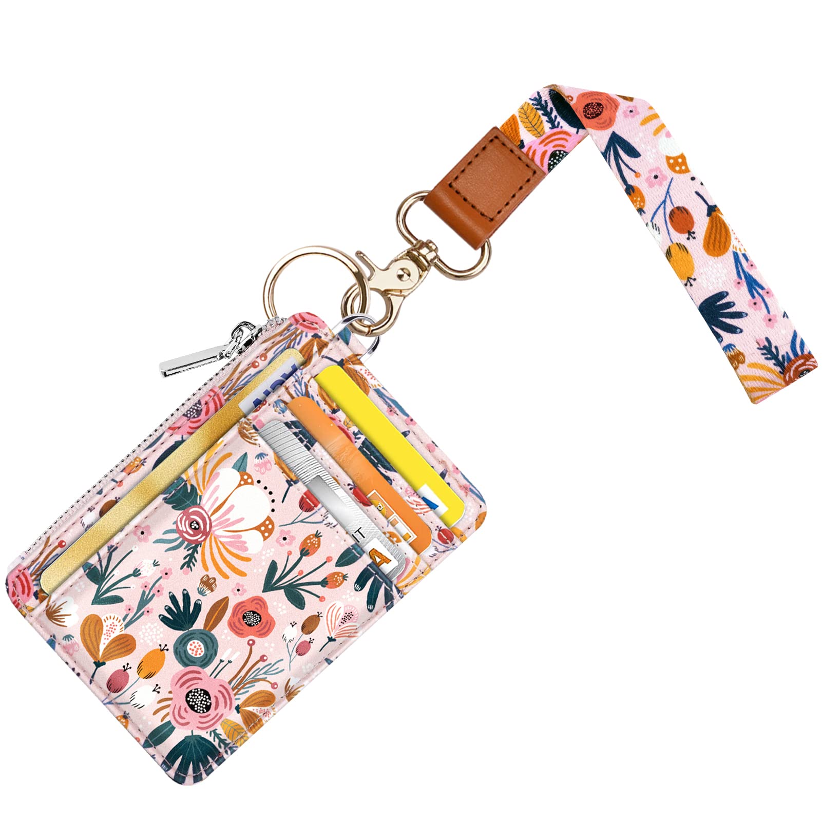 Waveyu Pink Flower Wrist Lanyard with ID Holder & 6 Card Slots - Perfect for Women's Work & Travel Essentials