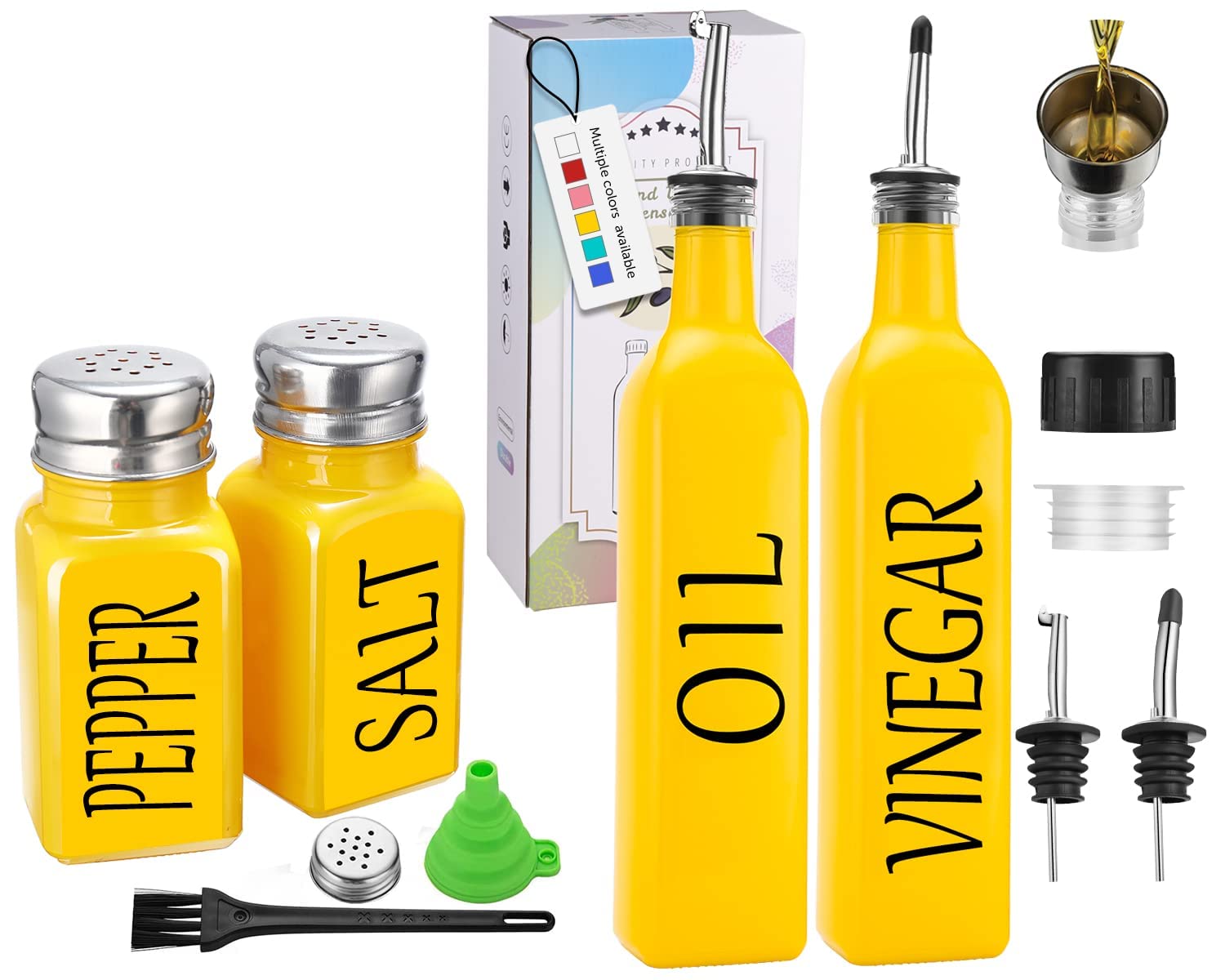 Bright Yellow Kitchen Decor Set - Oil & Vinegar Dispenser with Salt & Pepper Shakers - Modern Kitchen Accessories for Cooking & Dining - Perfect for Home, Restaurant & Gift Giving