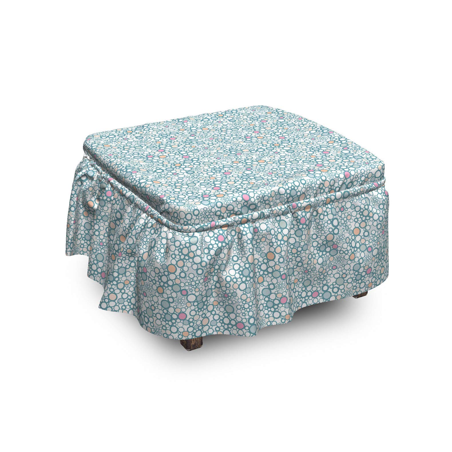 Ambesonne Pastel Ottoman Cover 2-Piece Set - Bubbles Muted Tone Slipcover with Ruffle Skirt for Square/Round Footstool | Cadet Blue & Blush | Home Decor Accent | Perfect for Living Room, Bedroom or Nursery