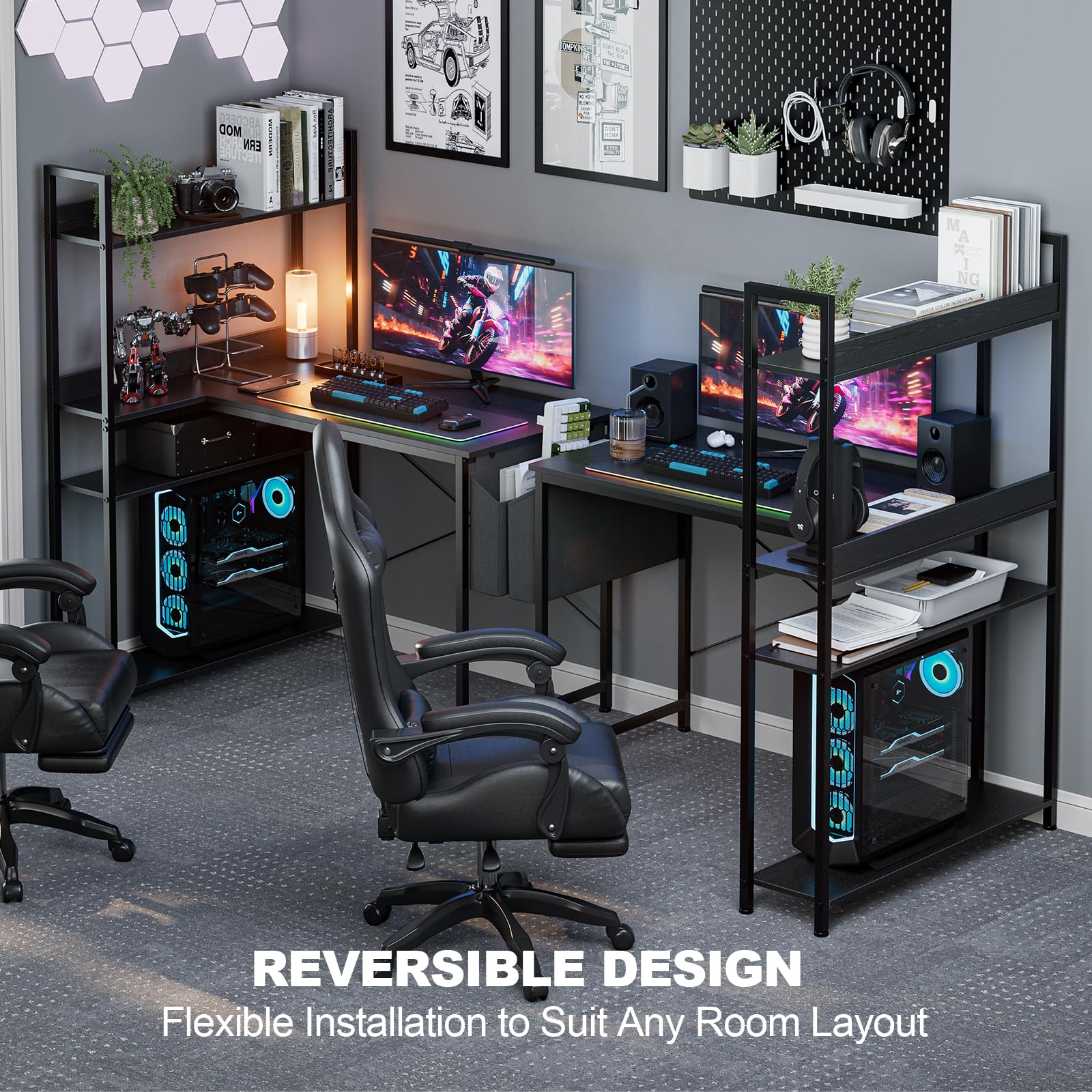 40 Inch L-Shaped Computer Desk with Reversible Storage Shelves - Black Home Office Corner Desk with Hutch for Study, Writing & Work | Perfect for Small Spaces & Gaming Setups