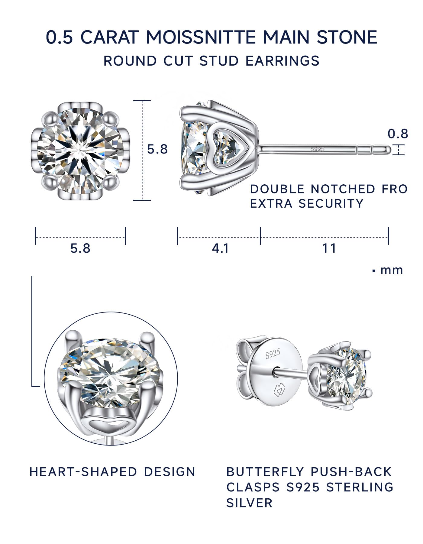 MomentWish D Color VVS1 Simulated Diamond 925 Sterling Silver Stud Earrings for Women - Elegant Birthday & Valentine's Day Gift - Perfect for Weddings, Anniversaries, and Special Occasions