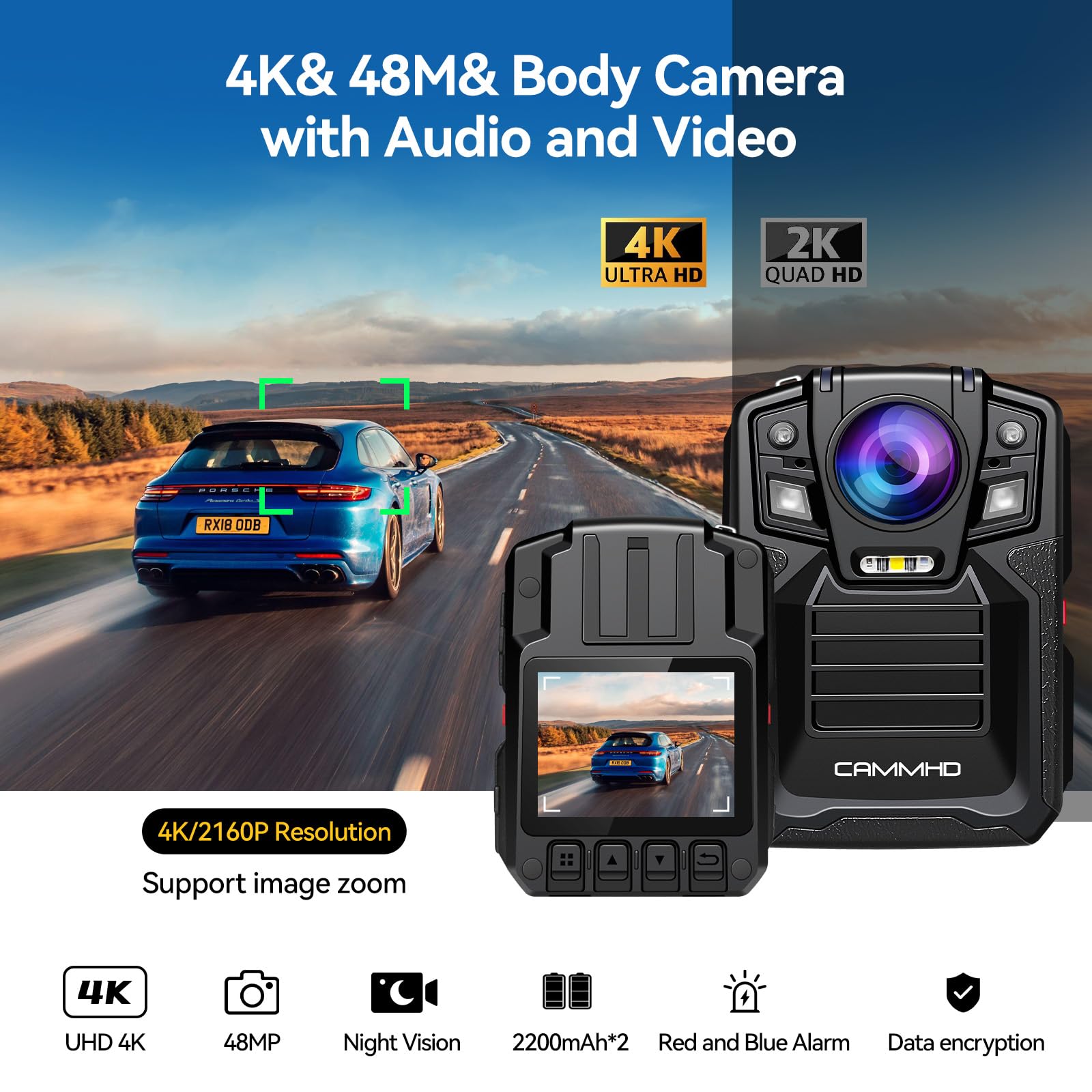 4K Police Body Camera with Audio Recording - 128GB CAMMHD V8, 2160P HD Video, 4400mAh Dual Battery (14H Runtime), H.265 Compression, IP68 Waterproof, Night Vision - Perfect for Law Enforcement, Security Guards & Night Patrols