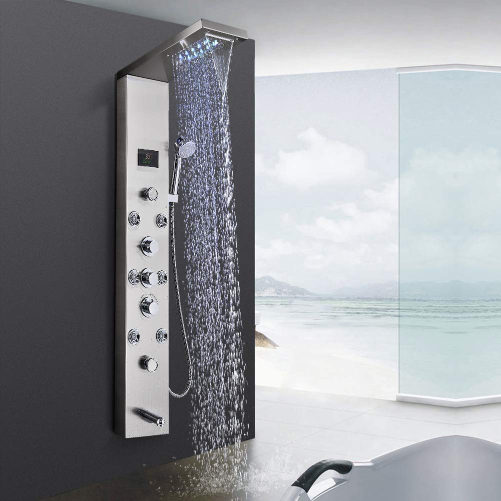 Premium Wall Mounted Bathroom Shower Panel Tower System - 8 Function LED Rainfall Showerhead, Massage Jets, Handheld Shower & Brushed Nickel Finish for Spa-Like Luxury Shower Experience | Perfect for Master Bathroom Renovation & Modern Home Upgrade