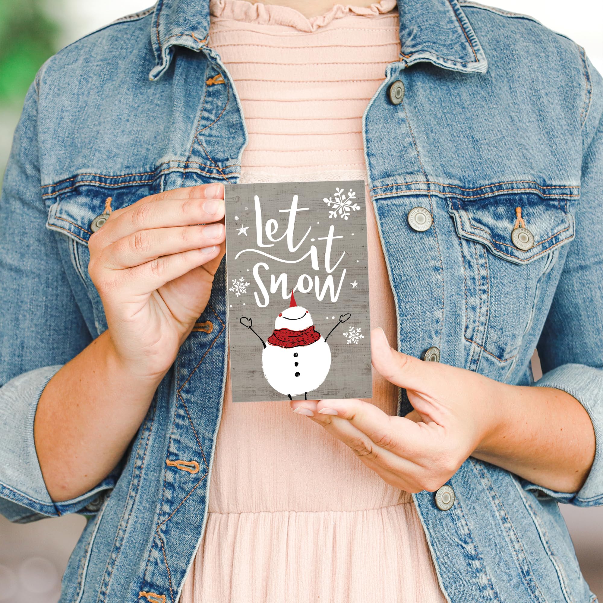 Let It Snow Snowman Winter Wooden Shelf Sitter Sign - Christmas Home Decor for Fireplace Mantel, Bookshelf & Holiday Display