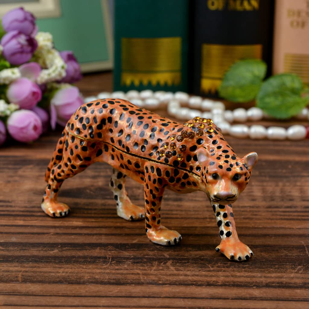 Golden Crystal Enameled Leopard Jewelry Box - Hand-Painted Hinged Jaguar Trinket Box for Women, Elegant Home Décor & Unique Gift for Animal Lovers - Perfect for Jewelry Storage, Vanity Organizer & Gift Giving