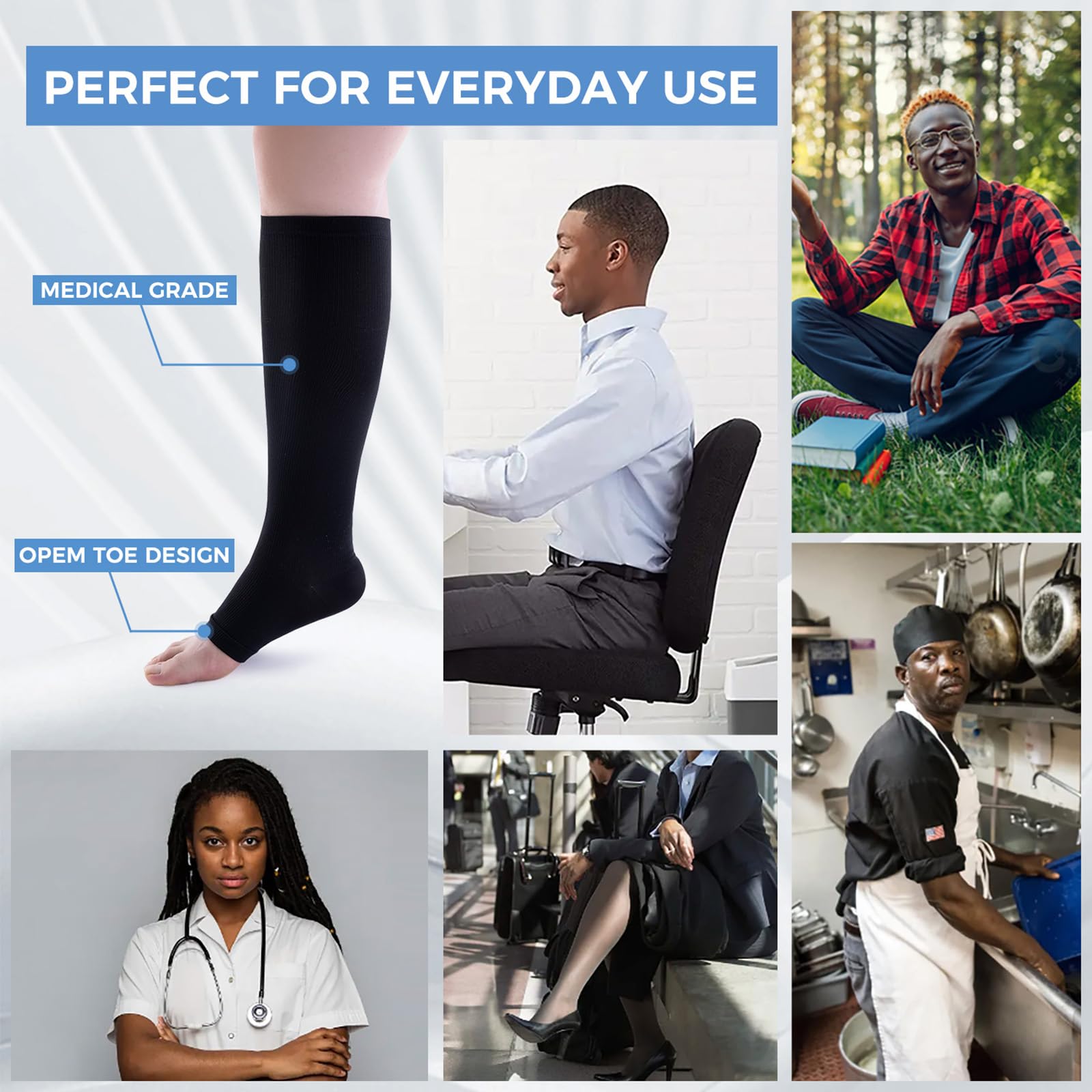 3 Pack Open Toe Compression Socks for Men & Women - 15-20 mmHg Knee High Stockings for Circulation Support & Swelling Relief - Ideal for Travel, Running & Varicose Veins