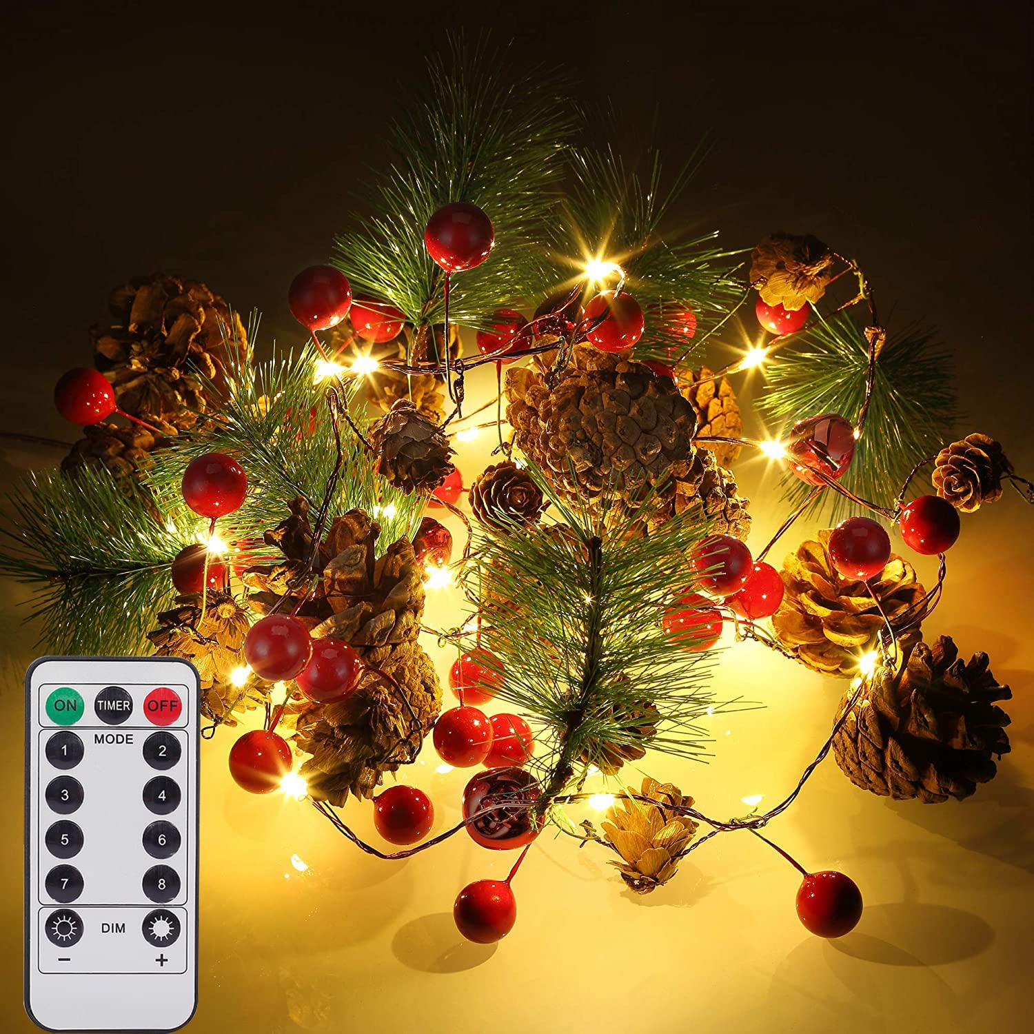 6.5FT Christmas Garland with Lights - Battery Operated 20LED Decor with Remote Control for Fireplace Mantle, Christmas Tree, Home & Outdoor Holiday Decorations (Red Berry Accents) - Perfect for Indoor/Outdoor Xmas Party, Wedding & Seasonal Festive Decor