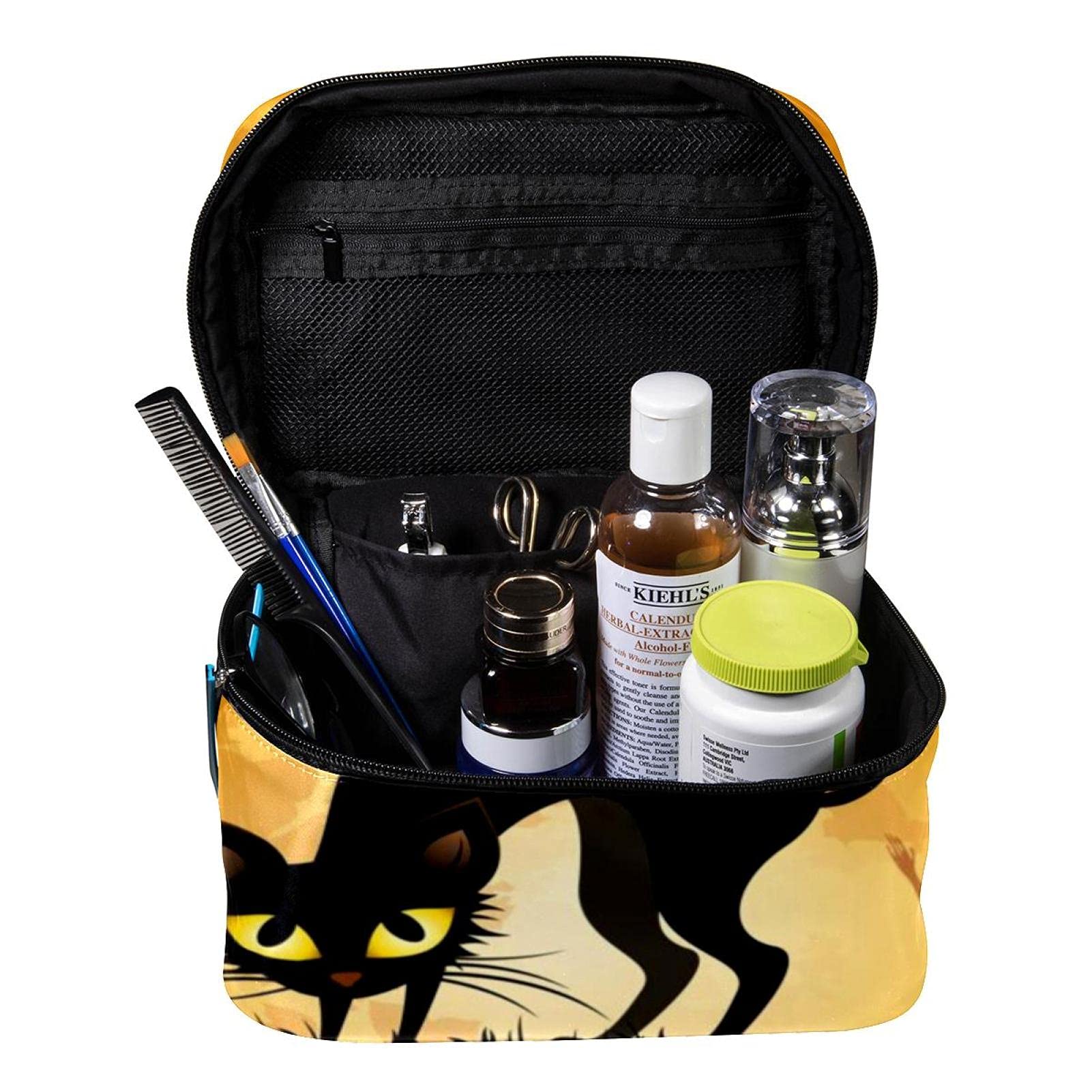 Halloween Black Cat & Bat Travel Makeup Bag - Large Cosmetic Organizer with Zipper, Toiletry Pouch for Women & Girls | Perfect for Travel, Gym, and Daily Essentials Storage