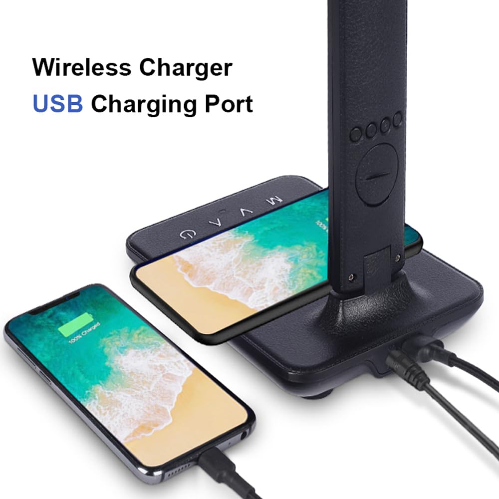 Multifunctional LED Desk Lamp with Wireless Charger & USB Port - Adjustable Study Light with Clock & Phone Holder for Home Office, Reading, Gaming - Eye-Caring Desk Lamp for Students, Teens, Boys & Girls (Black) - Perfect for Night Studying, Work from Home & Bedside Use