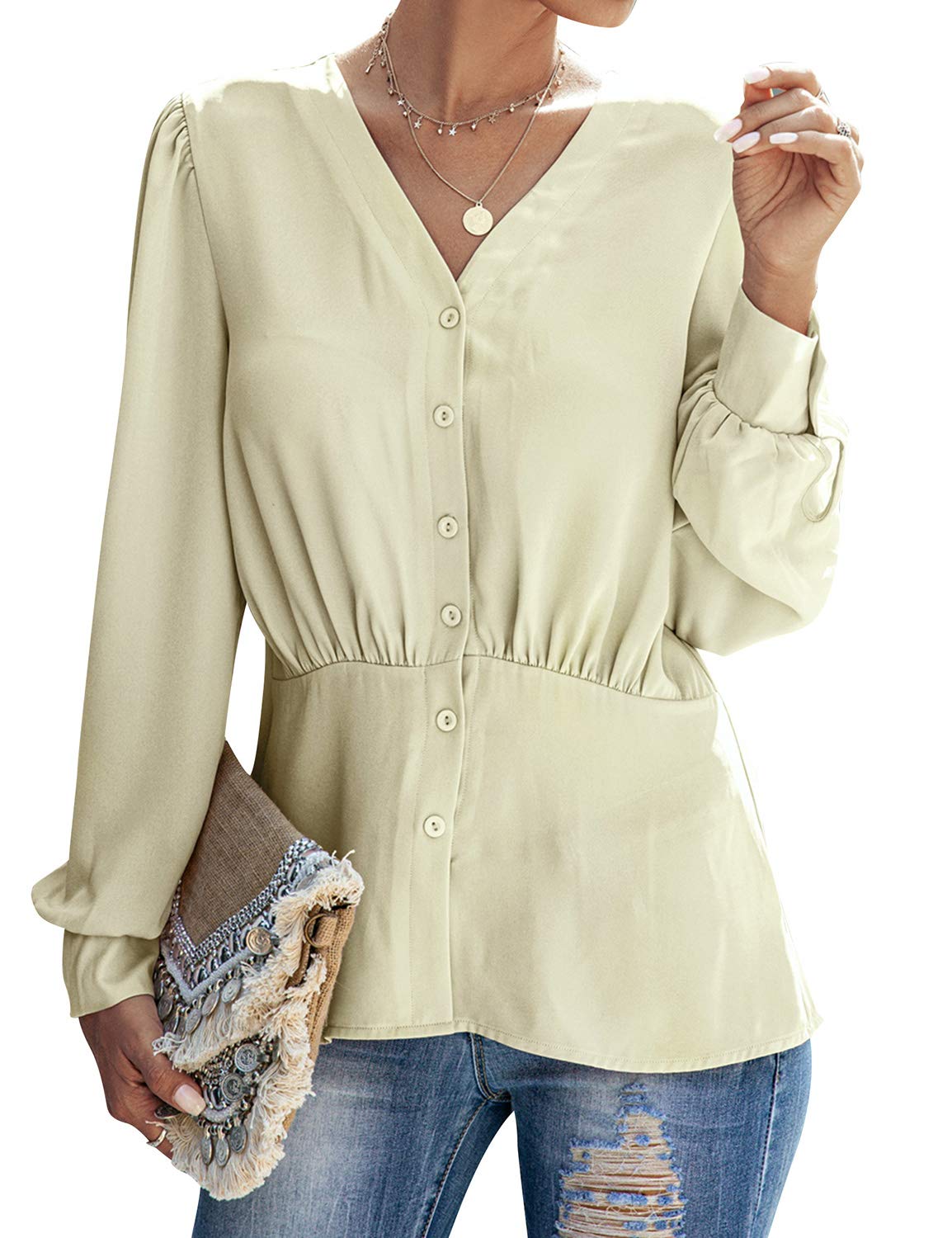 Ezcosplay Women's V-Neck Long Sleeve Blouse - Solid Color Button Down Slim Fit Shirt for Office, Party & Casual Wear