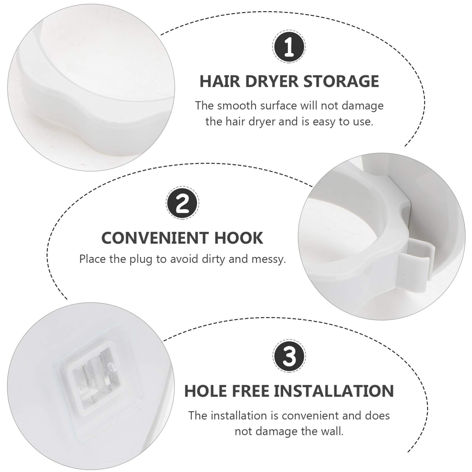 2-Pack Hemoton Wall Mounted Hair Dryer Holder - Plastic Multi-Purpose Hanger for Hair Dryers, Clothes & Accessories - No Drill Installation - White ABS (Perfect for Bathroom, Bedroom & Laundry Room Organization)